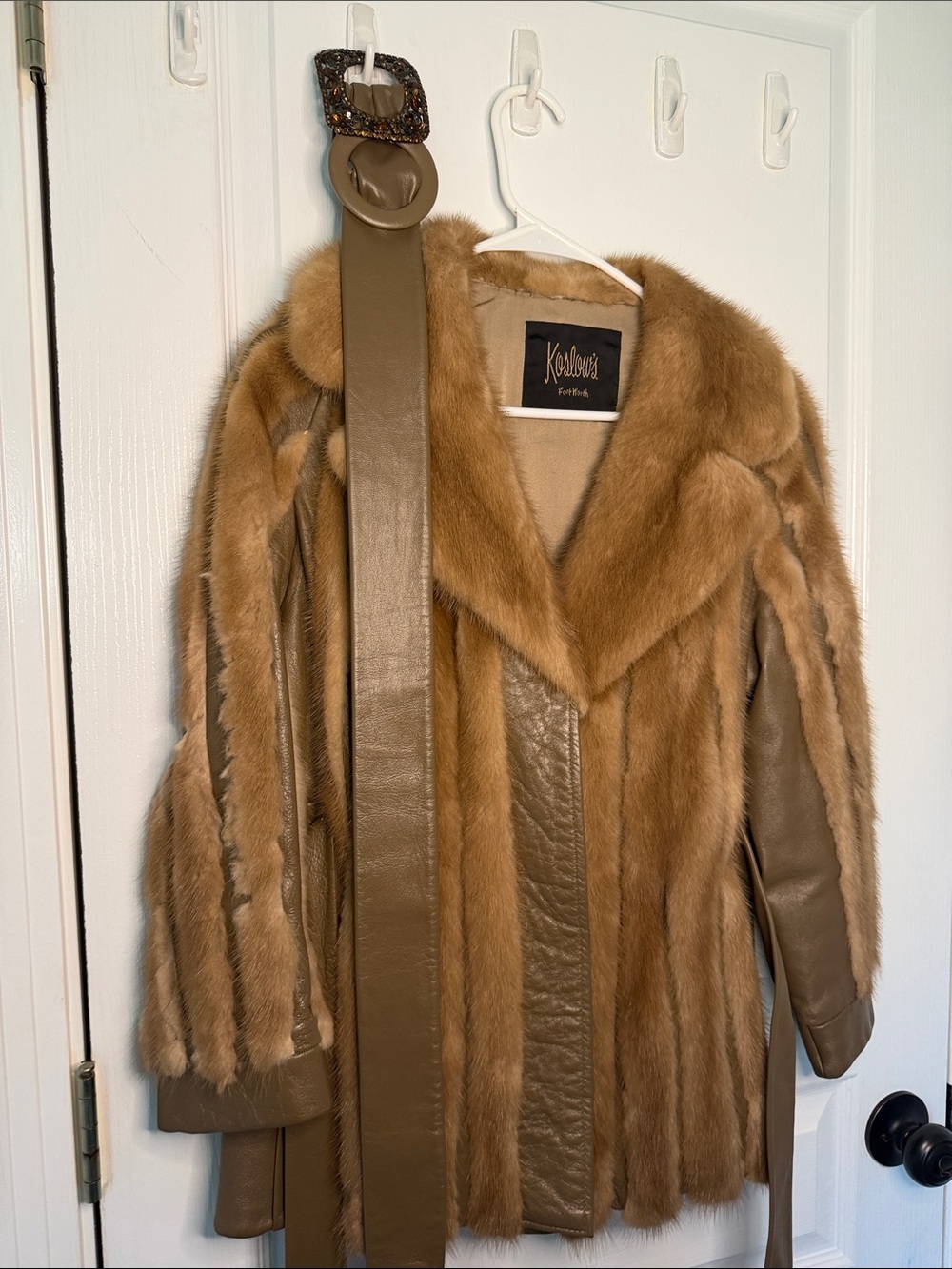 Vintage fur and leather jacket with Vintage Leather Belt Addition